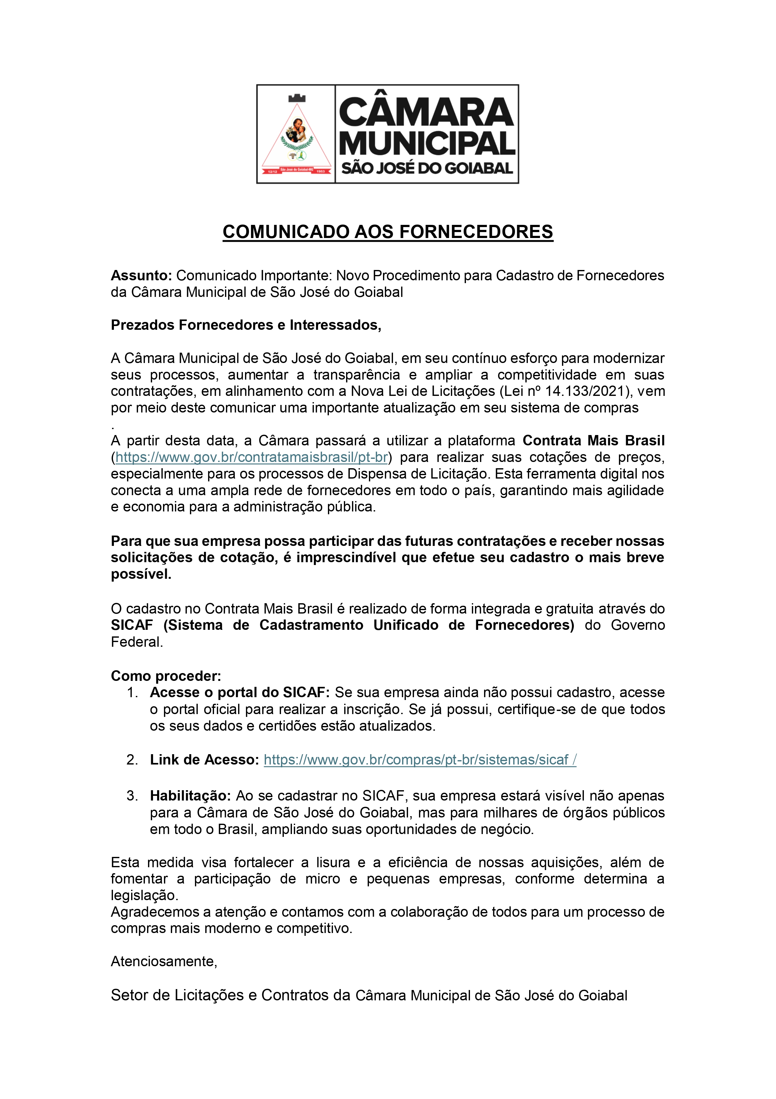 Comunicado aos fornecedores